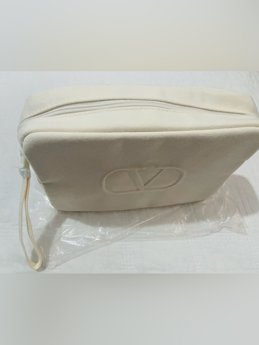 Valentino Cream Canvas Embossed V Toiletry Pouch